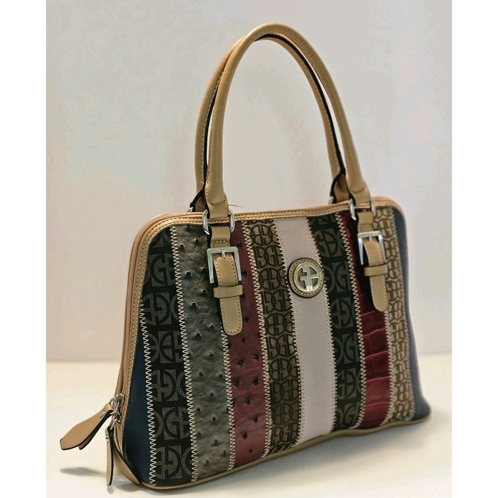 Giani Bernini Patchwork Stripe Dome Satchel Handbag Brown/Multi-Color EUC